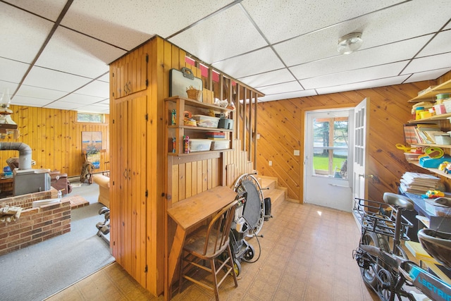1418 345th Ave, Frederic, WI 54837 - interior space featuring a paneled ceiling, light floors, and wood walls