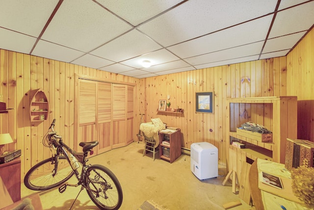 1418 345th Ave, Frederic, WI 54837 - miscellaneous room featuring a drop ceiling, wood walls, and carpet flooring