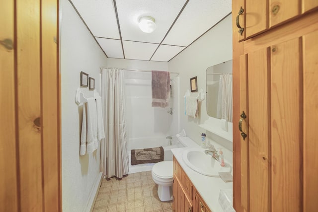 1418 345th Ave, Frederic, WI 54837 - bathroom with toilet, shower / bath combination with curtain, vanity, tile patterned floors, and baseboards