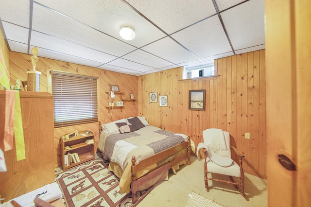 1418 345th Ave, Frederic, WI 54837 - carpeted bedroom with a drop ceiling and wood walls