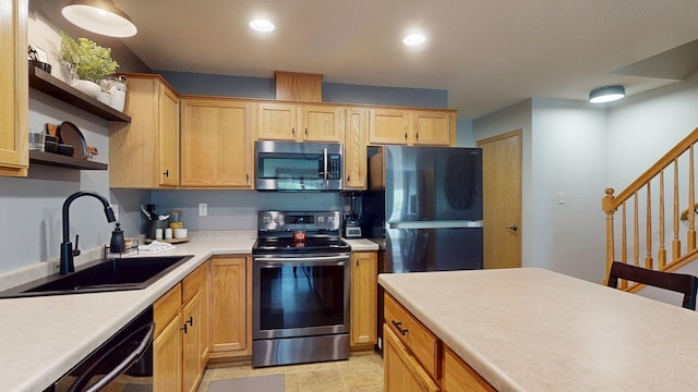 kitchen with black appliances, a sink, open shelves, light countertops, and recessed lighting