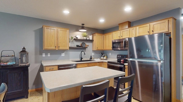kitchen with stainless steel appliances, a sink, light brown cabinets, light countertops, and open shelves