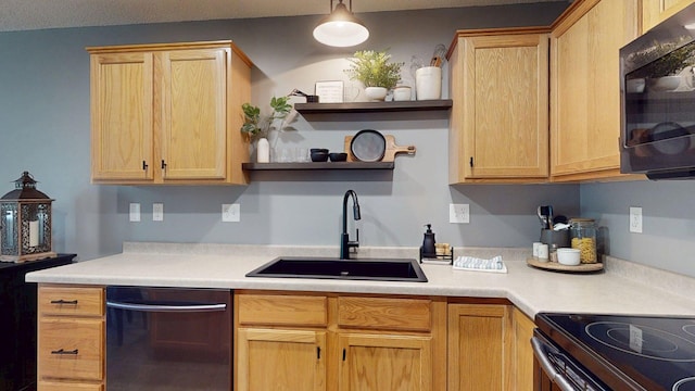 kitchen featuring dishwasher, a sink, black microwave, open shelves, and light countertops