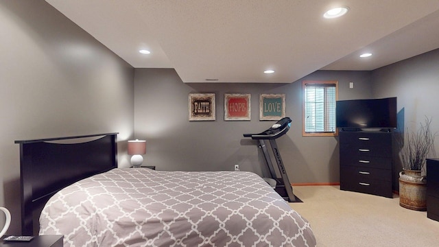 bedroom with carpet flooring, baseboards, and recessed lighting