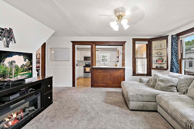 706 Broad St, Mankato, MN 56001 - living room featuring light carpet, a wainscoted wall, ceiling fan, and a textured ceiling