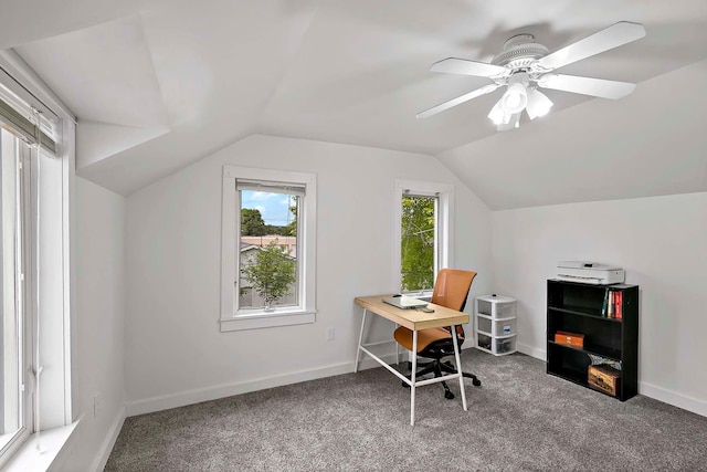 706 Broad St, Mankato, MN 56001 - carpeted home office with lofted ceiling, baseboards, and ceiling fan