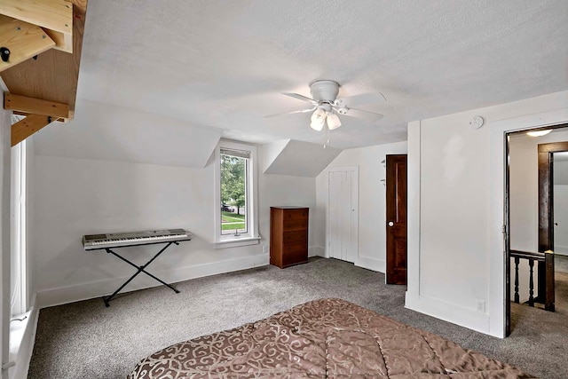 706 Broad St, Mankato, MN 56001 - bonus room featuring carpet floors, a ceiling fan, vaulted ceiling, baseboards, and a textured ceiling