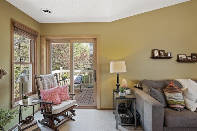 sitting room featuring plenty of natural light, carpet floors, and baseboards