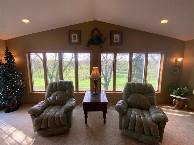 living area featuring carpet floors, vaulted ceiling, recessed lighting, and baseboards