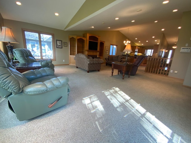 living room featuring vaulted ceiling, light colored carpet, recessed lighting, and a chandelier