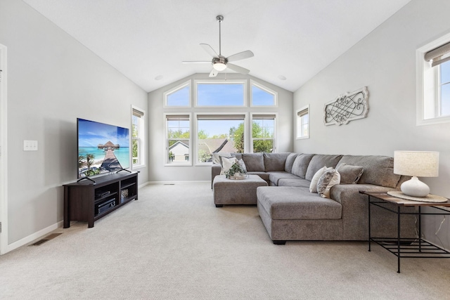 8172 Virginia Ln, Savage, MN 55378 - carpeted living area with ceiling fan, baseboards, and high vaulted ceiling