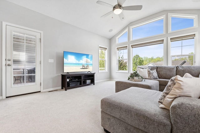 8172 Virginia Ln, Savage, MN 55378 - living room with ceiling fan, carpet, baseboards, and high vaulted ceiling