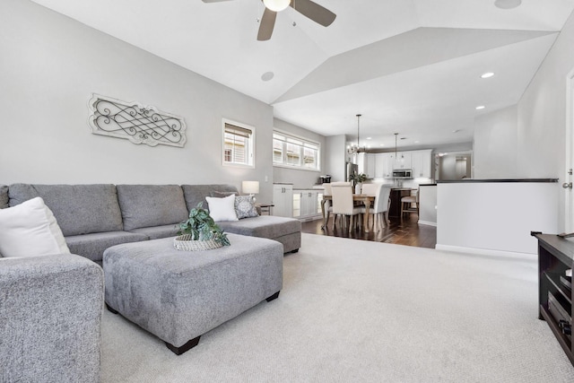 8172 Virginia Ln, Savage, MN 55378 - living room featuring ceiling fan, dark colored carpet, recessed lighting, lofted ceiling, and dark wood-style floors