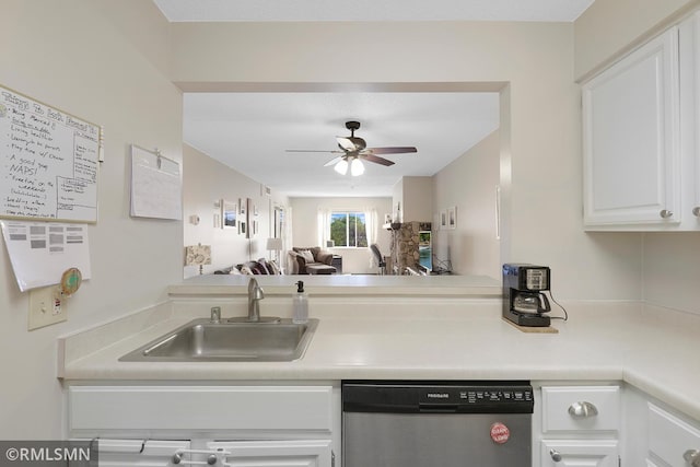 3300 Louisiana Ave S Unit 517, Saint Louis Park, MN 55426 - kitchen featuring stainless steel dishwasher, a sink, a ceiling fan, white cabinetry, and light countertops
