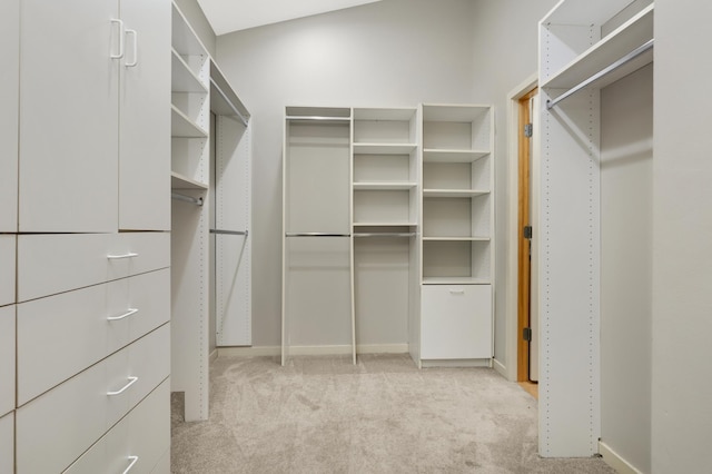 spacious closet featuring light carpet