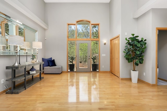 foyer entrance with a towering ceiling, wood finished floors, and baseboards