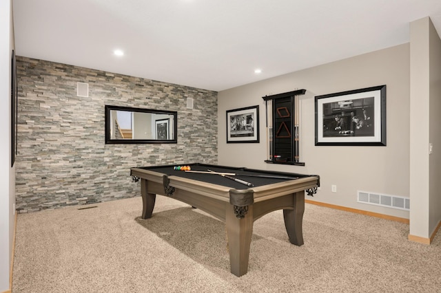 rec room with carpet floors, billiards table, recessed lighting, and baseboards