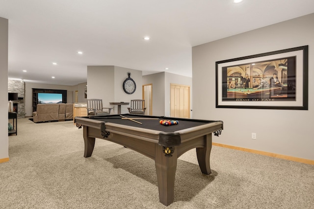 game room with carpet, billiards, recessed lighting, and baseboards