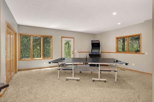 game room with baseboards, healthy amount of natural light, carpet floors, and recessed lighting