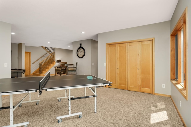 rec room featuring baseboards, recessed lighting, and carpet