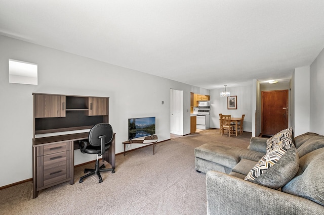 2700 Oxford St N Unit 102, Roseville, MN 55113 - living area featuring light carpet, a chandelier, an office area, and baseboards