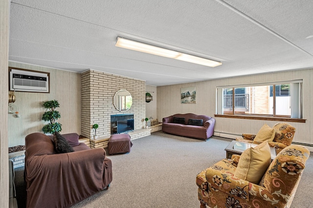 2700 Oxford St N Unit 102, Roseville, MN 55113 - carpeted living room with a wall unit AC, a textured ceiling, a baseboard radiator, a brick fireplace, and wood walls