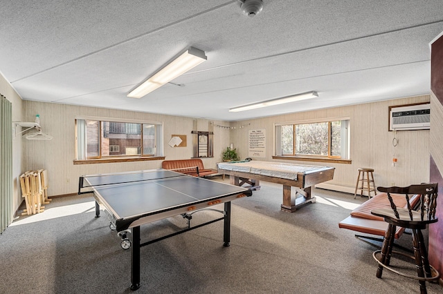 2700 Oxford St N Unit 102, Roseville, MN 55113 - recreation room with plenty of natural light, a wall unit AC, a baseboard radiator, carpet floors, and a textured ceiling