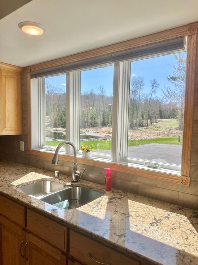 kitchen with a sink, plenty of natural light, and light stone countertops