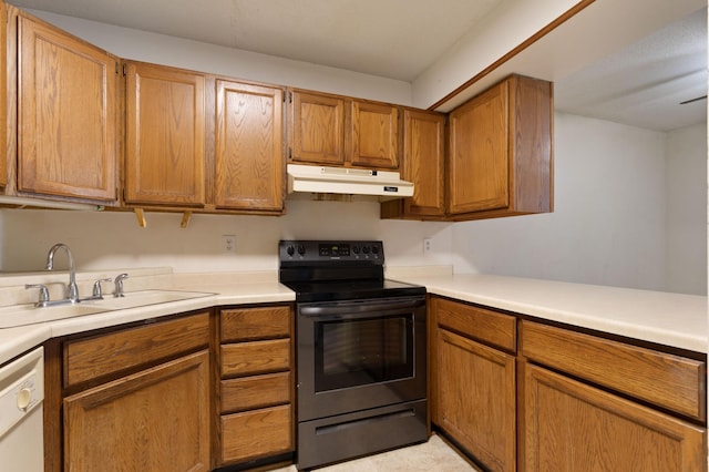 2220 Ridge Dr Unit 11, Saint Louis Park, MN 55416 - kitchen featuring under cabinet range hood, electric range, a sink, white dishwasher, and light countertops