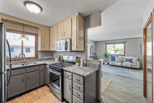 11123 Drake St NW, Coon Rapids, MN 55433 - kitchen with appliances with stainless steel finishes, gray cabinetry, light wood-style floors, open floor plan, and a textured ceiling
