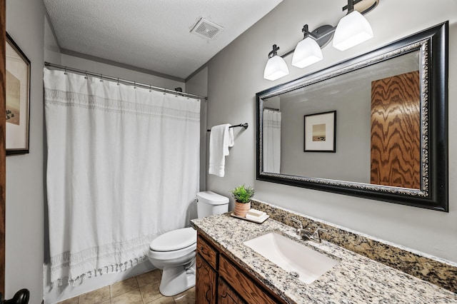 11123 Drake St NW, Coon Rapids, MN 55433 - bathroom with toilet, a textured ceiling, vanity, a shower with curtain, and tile patterned flooring
