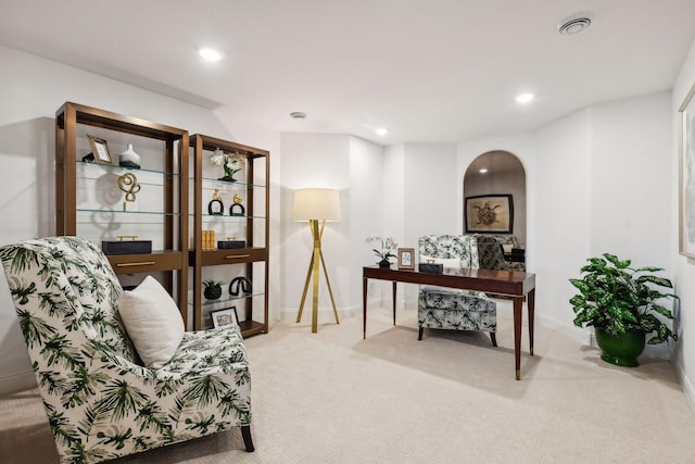 living area with carpet flooring, recessed lighting, and baseboards
