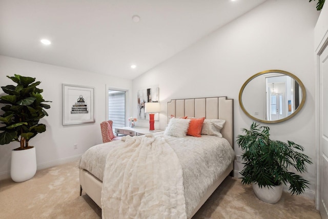 bedroom featuring light carpet, recessed lighting, baseboards, and high vaulted ceiling
