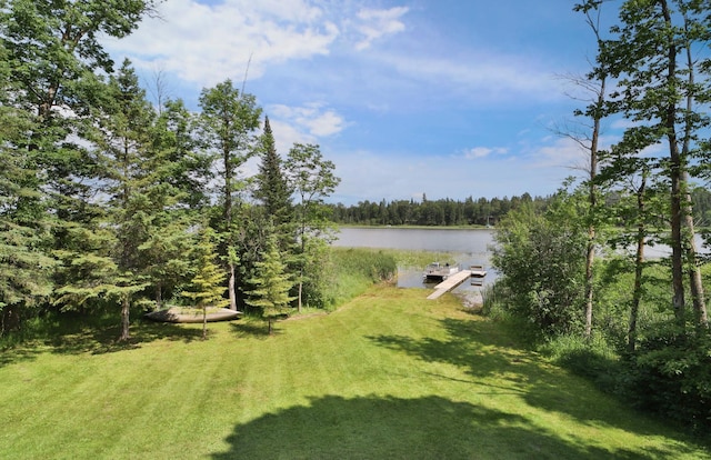 view of grassy yard with a dock, a water view, and a view of trees