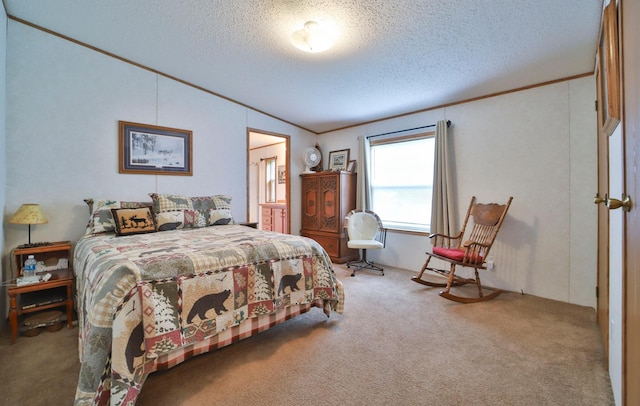 carpeted bedroom featuring a textured ceiling and ornamental molding