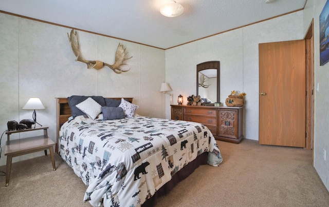 carpeted bedroom featuring ornamental molding, a textured ceiling, and lofted ceiling