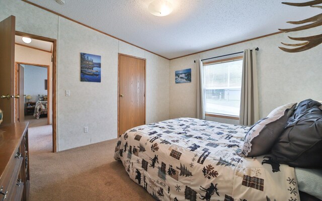 carpeted bedroom with ornamental molding, a textured ceiling, lofted ceiling, and a closet