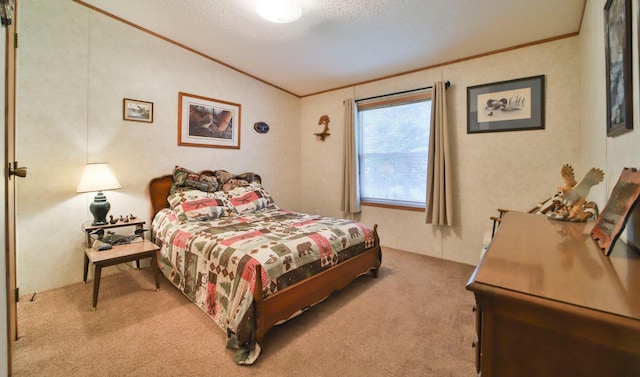 carpeted bedroom with crown molding and a textured ceiling
