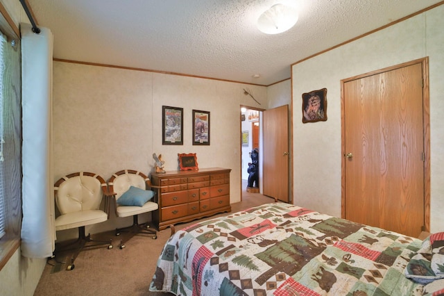 bedroom featuring carpet, a textured ceiling, ornamental molding, and a closet