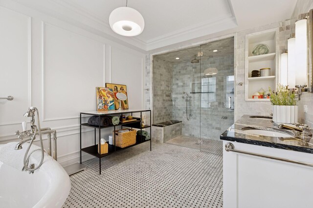 510 Groveland Ave Unit 304, Minneapolis, MN 55403 - bathroom with a shower stall, ornamental molding, a freestanding bath, and double vanity