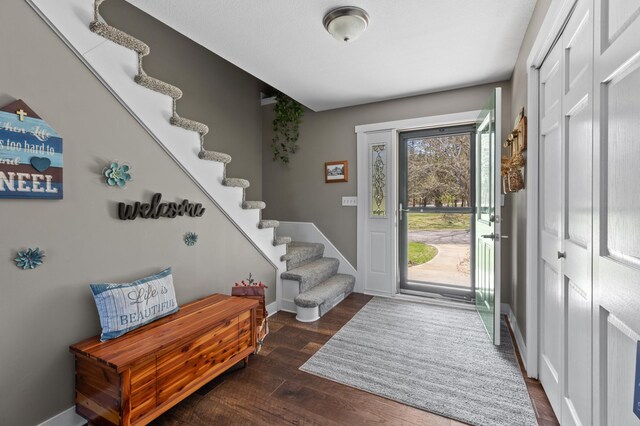 27088 130th St, Thomastown Twp, MN 56479 - entrance foyer with wood finished floors, stairs, and baseboards