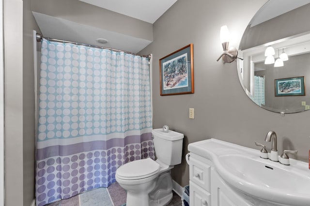 27088 130th St, Thomastown Twp, MN 56479 - bathroom featuring toilet, vanity, a shower with curtain, and baseboards
