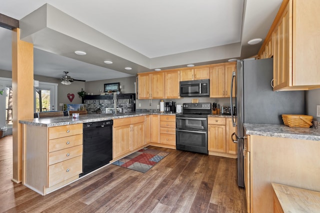 27088 130th St, Thomastown Twp, MN 56479 - kitchen featuring range with two ovens, black dishwasher, light brown cabinetry, dark wood finished floors, and a peninsula