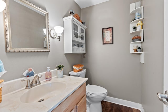 27088 130th St, Thomastown Twp, MN 56479 - half bath featuring wood finished floors, toilet, baseboards, and vanity