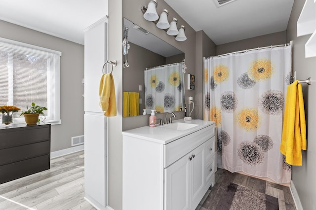 27088 130th St, Thomastown Twp, MN 56479 - bathroom featuring wood finished floors, vanity, baseboards, and a shower with curtain