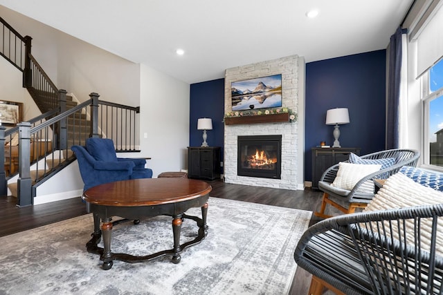 13404 Avila Ave, Rosemount, MN 55068 - living room featuring a fireplace, wood finished floors, stairway, recessed lighting, and baseboards