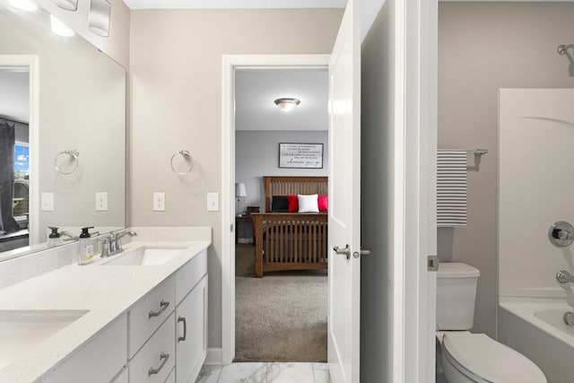 13404 Avila Ave, Rosemount, MN 55068 - ensuite bathroom with double vanity, marble finish flooring, toilet, and shower / tub combination