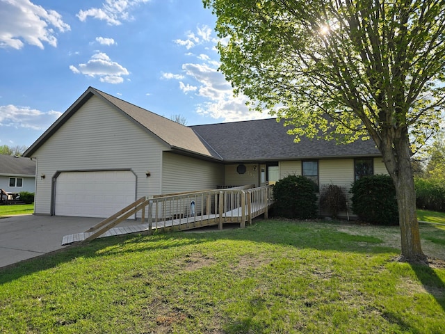 735 10th Ave S, Waite Park, MN 56387 - ranch-style home featuring a garage, a front lawn, concrete driveway, and a wooden deck