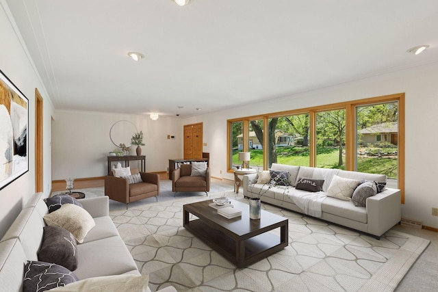 5212 Colonial Dr, Golden Valley, MN 55416 - living area featuring ornamental molding, baseboards, and light colored carpet
