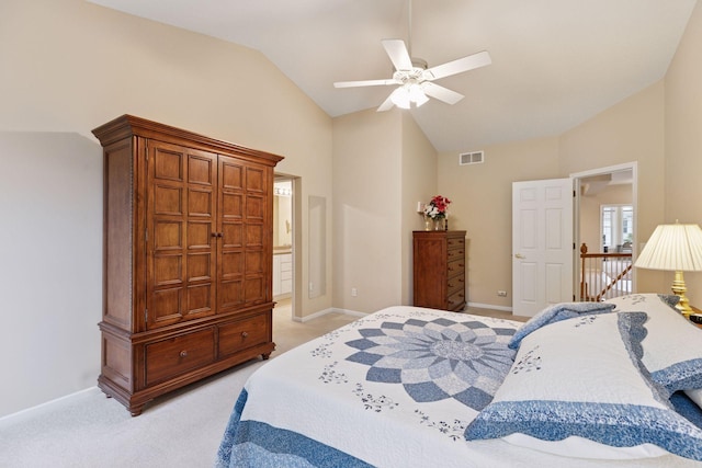 17462 Haralson Dr, Eden Prairie, MN 55347 - bedroom with vaulted ceiling, light colored carpet, and ceiling fan